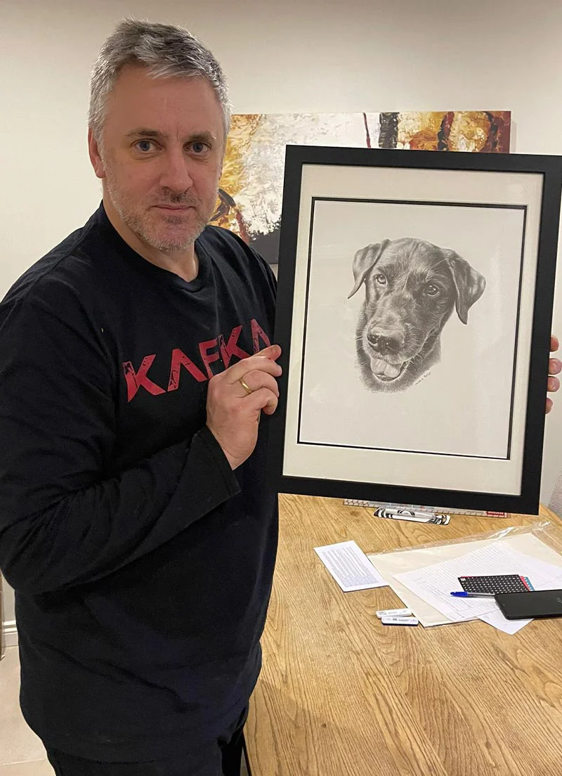 Classic drawings of dogs, cats, and horses.